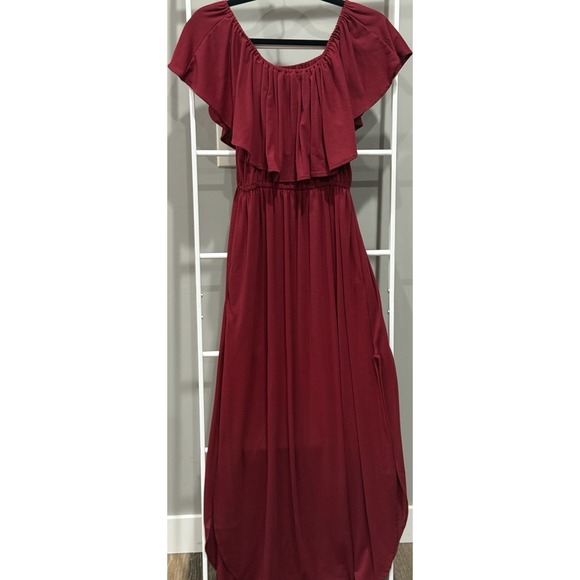 Thanth Dresses & Skirts - THANTH Burgundy Off Shoulder Ruffle Knit Maxi Dress Women's Size L Romantic Goth